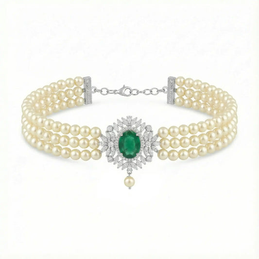 Choker Cella Plata Verde y Perlas