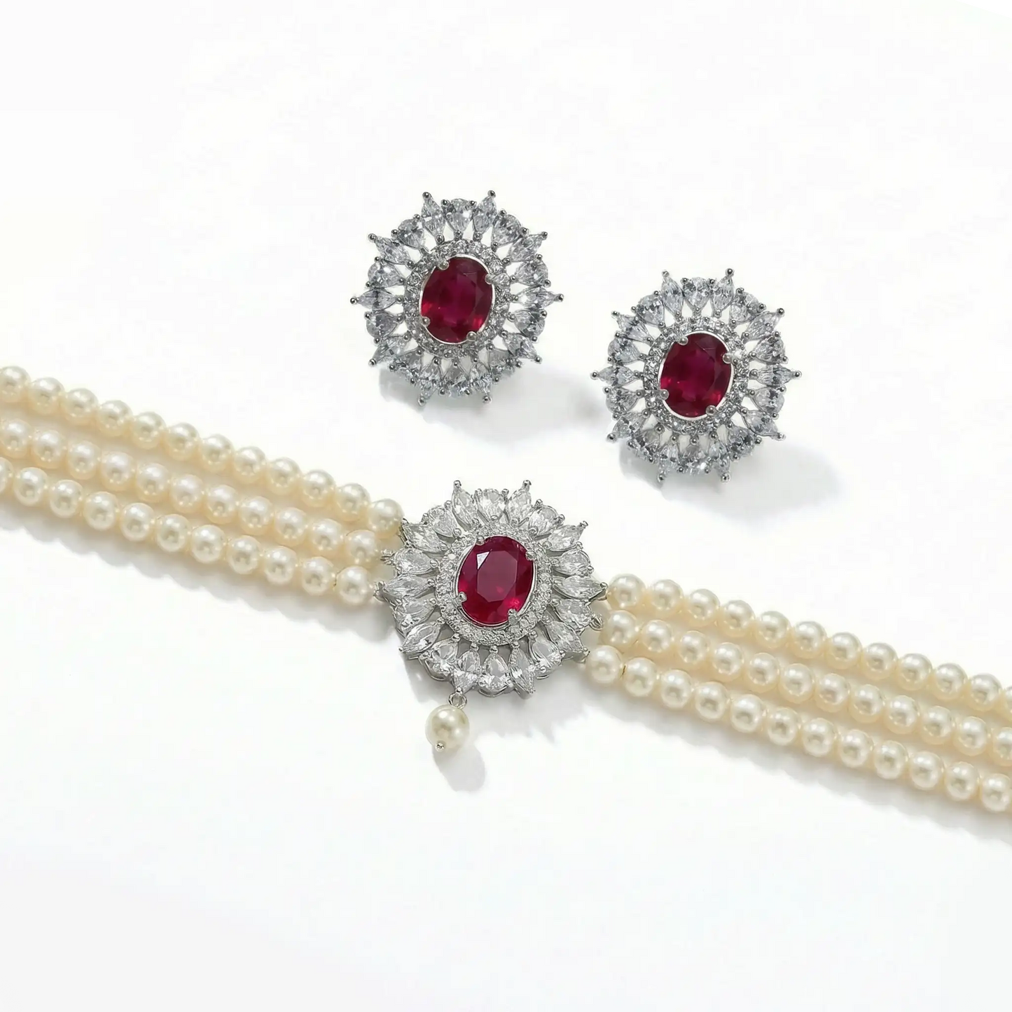 Conjunto Pendientes Cilla + Choker Cella Plata Rubí