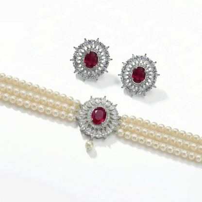 Conjunto Pendientes Cilla + Choker Cella Plata Rubí