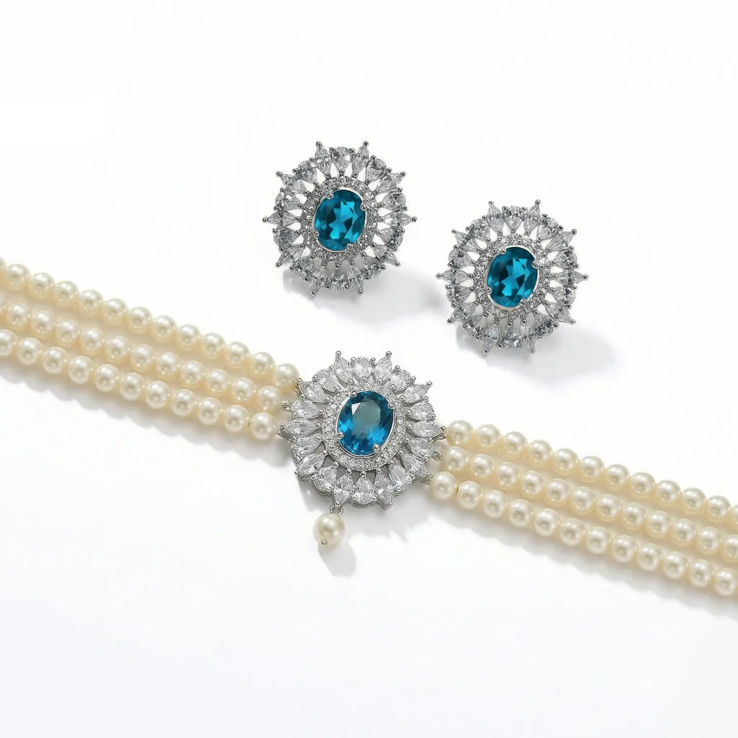 Conjunto Pendientes Cilla + Choker Cella Plata Azul Turquesa
