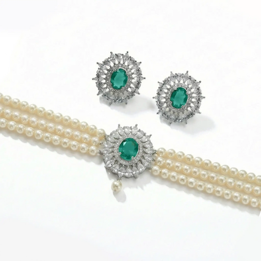 Conjunto Pendientes Cilla + Choker Cella Plata Verde