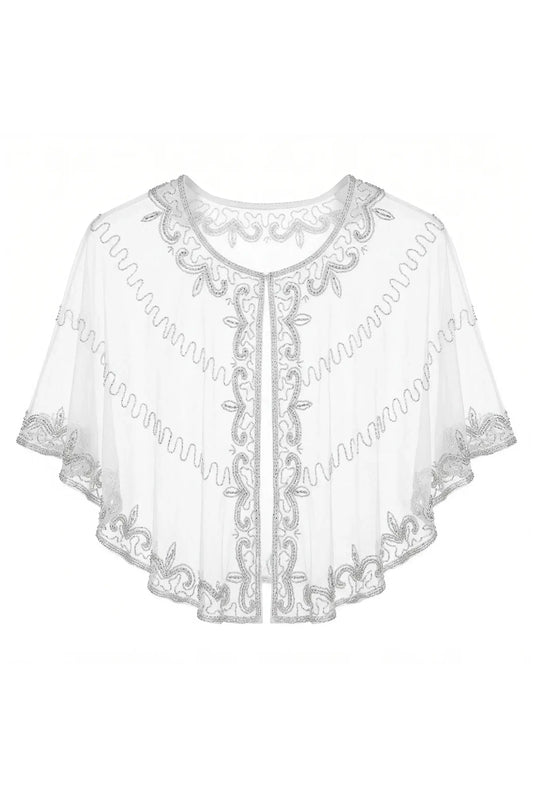 Embroidered Tulle Cape, White and Silver Velaria