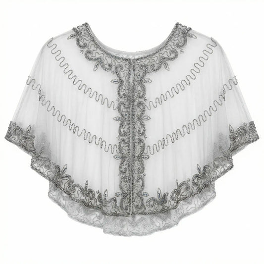 Embroidered Tulle Cape, Velaria, Pearl Gray and Silver