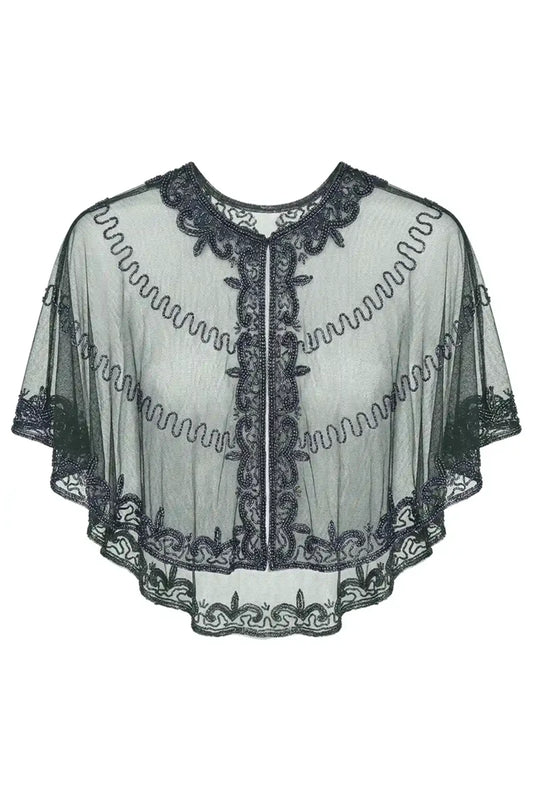 Embroidered Tulle Cape in Bottle Green and Chrome Velaria