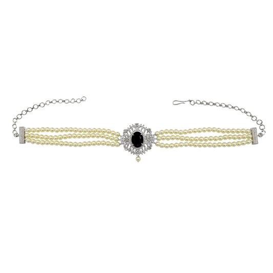 Choker Cella Plata Negro y Perlas