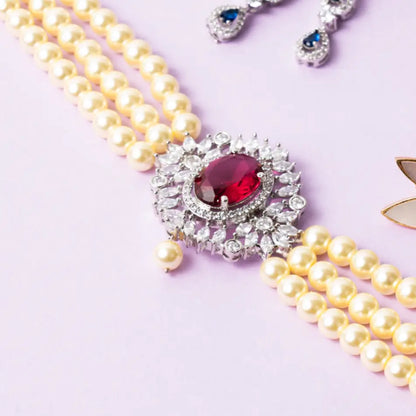 Choker Cella Plata Rubí y Perlas