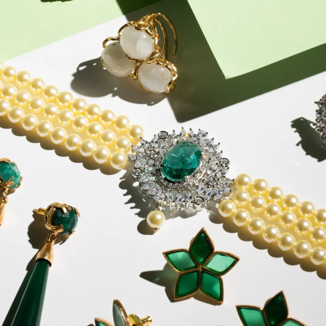 Choker Cella Plata Verde y Perlas