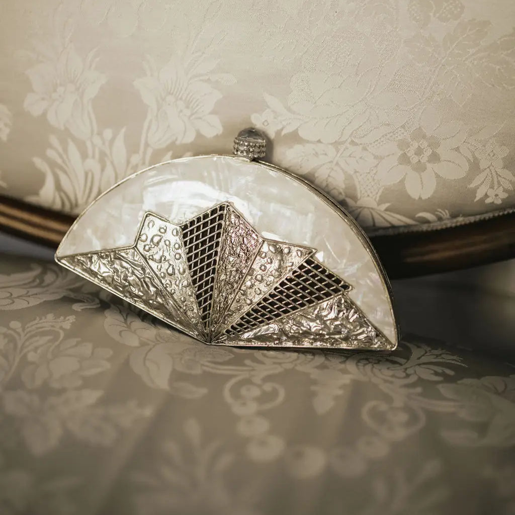 Deluxe Nubra Fan Clutch Mother of Pearl Silver