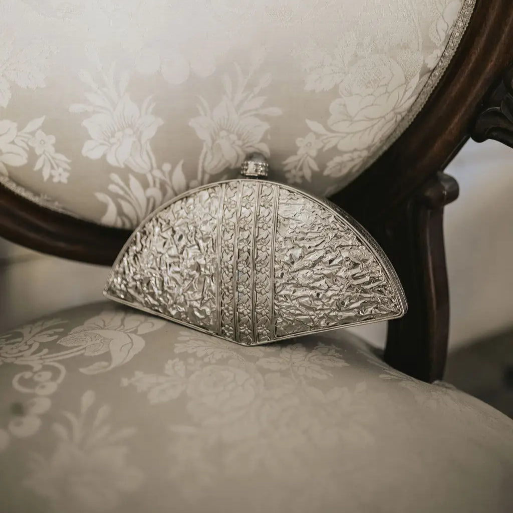 Deluxe Nubra Fan Clutch Mother of Pearl Silver