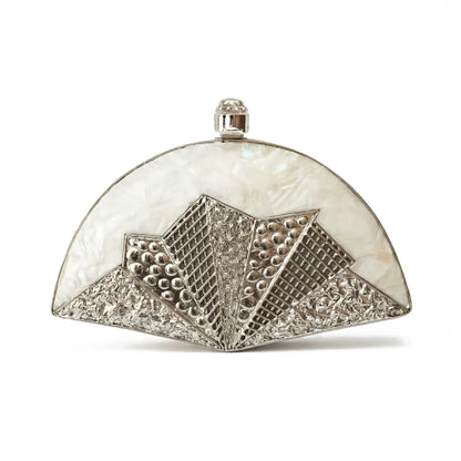 Deluxe Nubra Fan Clutch Mother of Pearl Silver