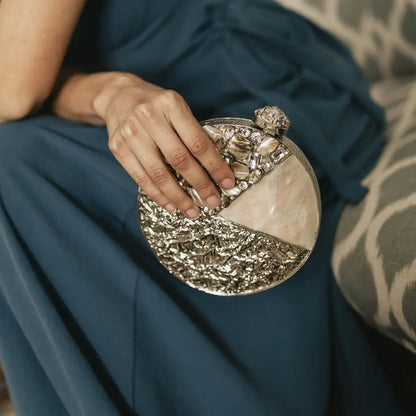 Luminia Silver Mother-of-Pearl Shine Deluxe Circular Clutch