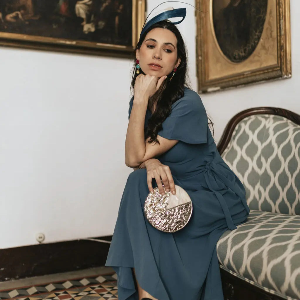 Luminia Silver Mother-of-Pearl Shine Deluxe Circular Clutch