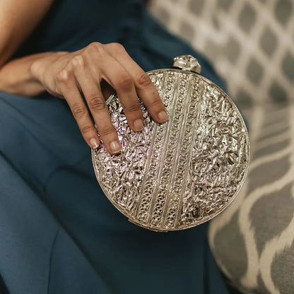 Luminia Silver Mother-of-Pearl Shine Deluxe Circular Clutch