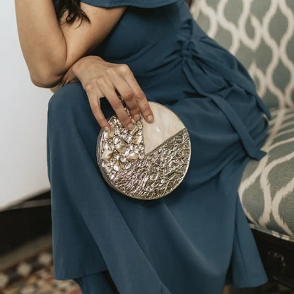 Luminia Silver Mother-of-Pearl Shine Deluxe Circular Clutch