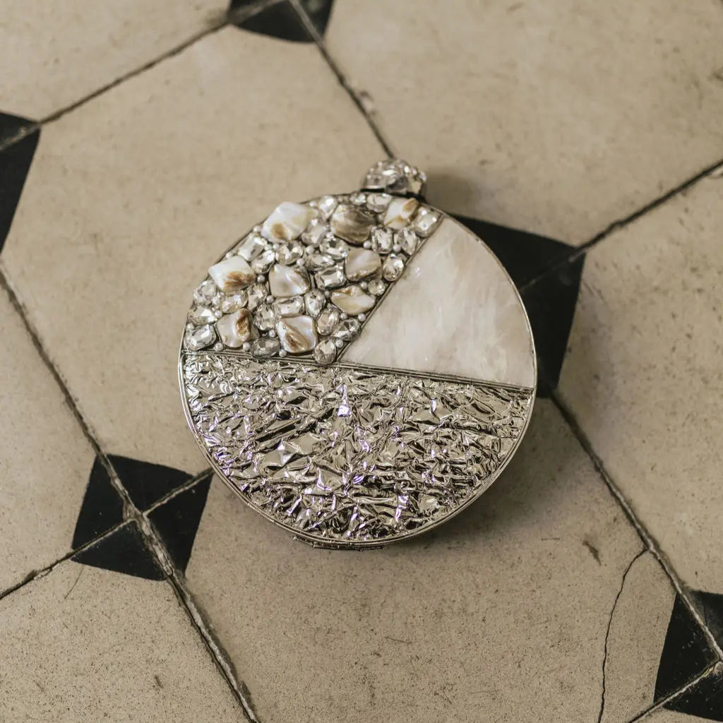 Luminia Silver Mother-of-Pearl Shine Deluxe Circular Clutch