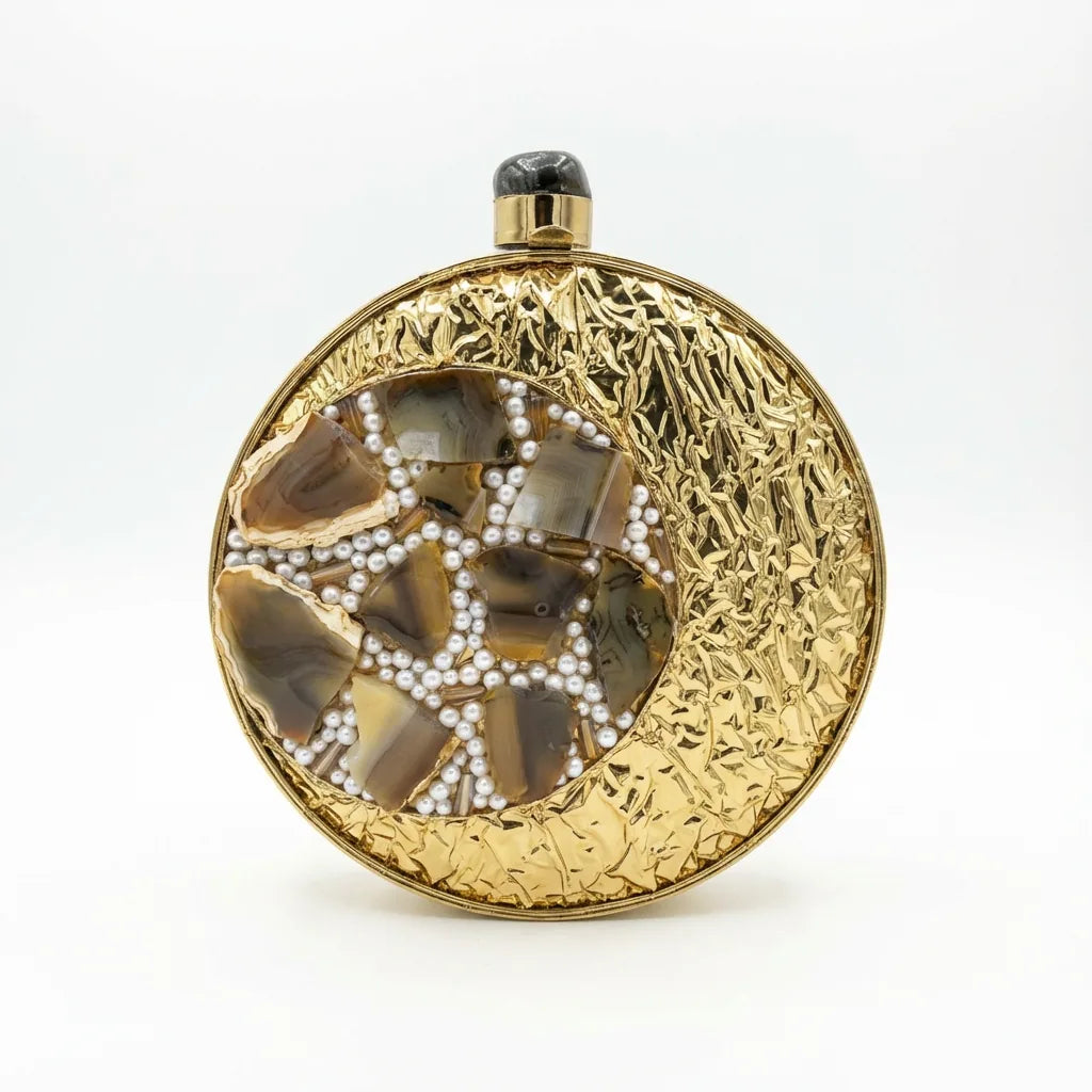 Clutch Deluxe Circular Manipur Piedras Marrón y perlas