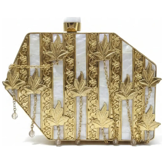 Clutch Deluxe Doré Hojas Cadenas Nácar