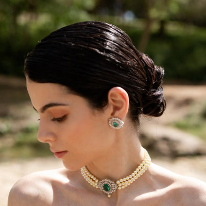 Cella Choker Silver Green and Pearls
