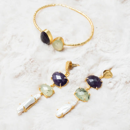 Conjunto Pendientes Neda + Brazalete Caliza Morado y Verde Prenhita