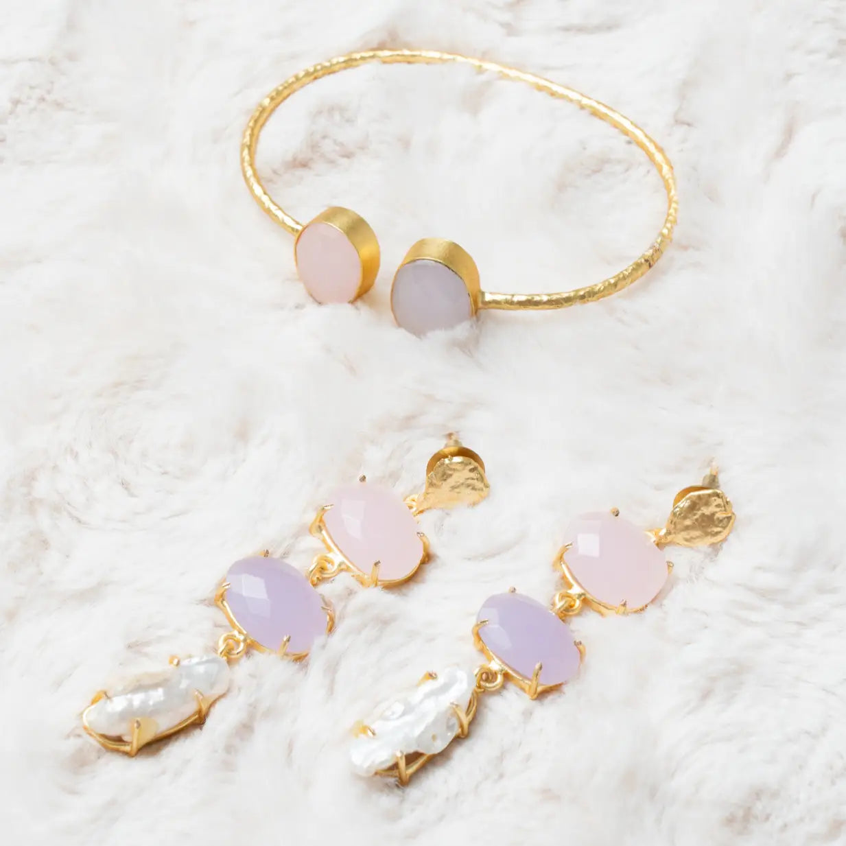 Conjunto Pendientes Neda + Brazalete Caliza Rosa y Lila