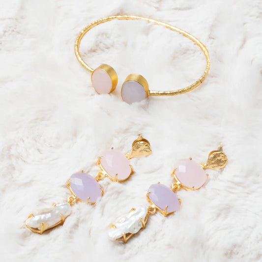 Conjunto Pendientes Neda + Brazalete Caliza Rosa y Lila