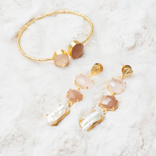 Conjunto Pendientes Neda + Brazalete Caliza Rosa y Melocotón