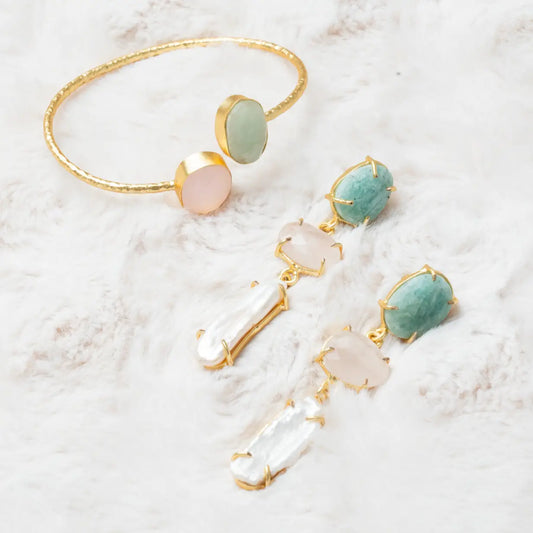Conjunto Pendientes Neda + Brazalete Caliza Rosa y Verde Agua Amazonita