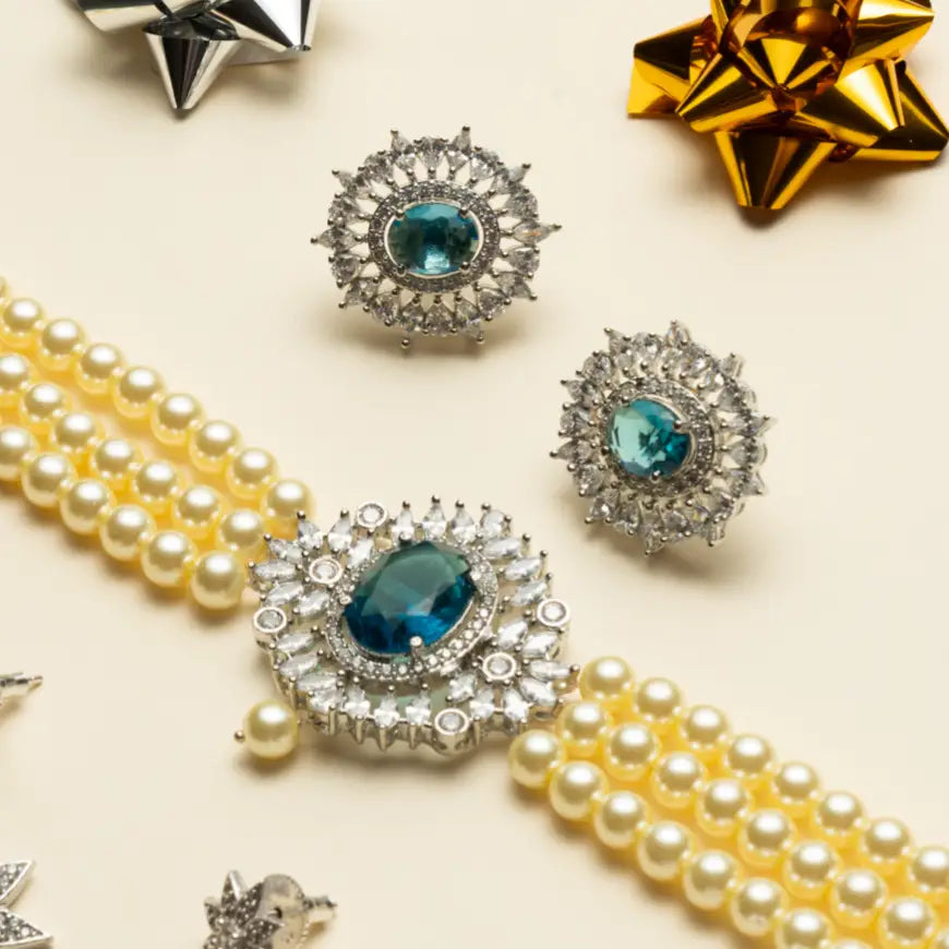 Conjunto Pendientes Cilla + Choker Cella Plata Azul Turquesa