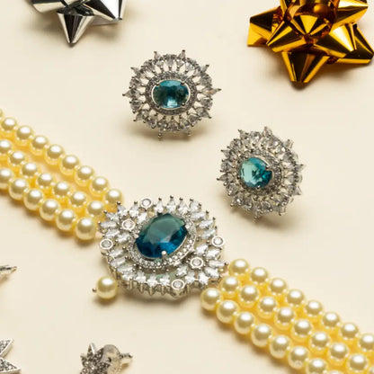 Conjunto Pendientes Cilla + Choker Cella Plata Azul Turquesa