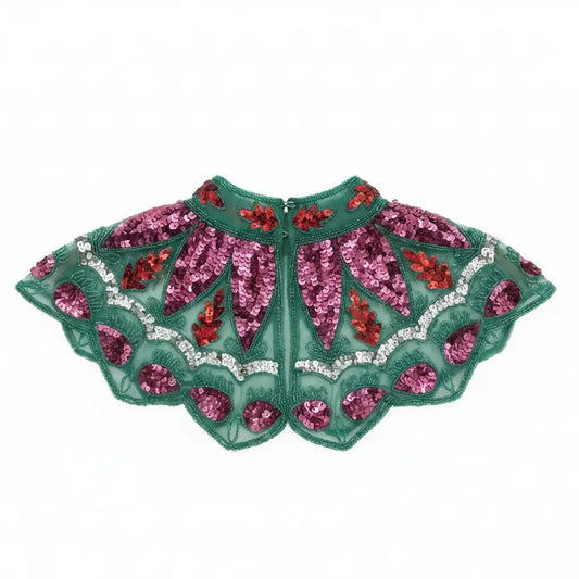 Cuello Joya Zardozi Verde, Fucsia y Rojo