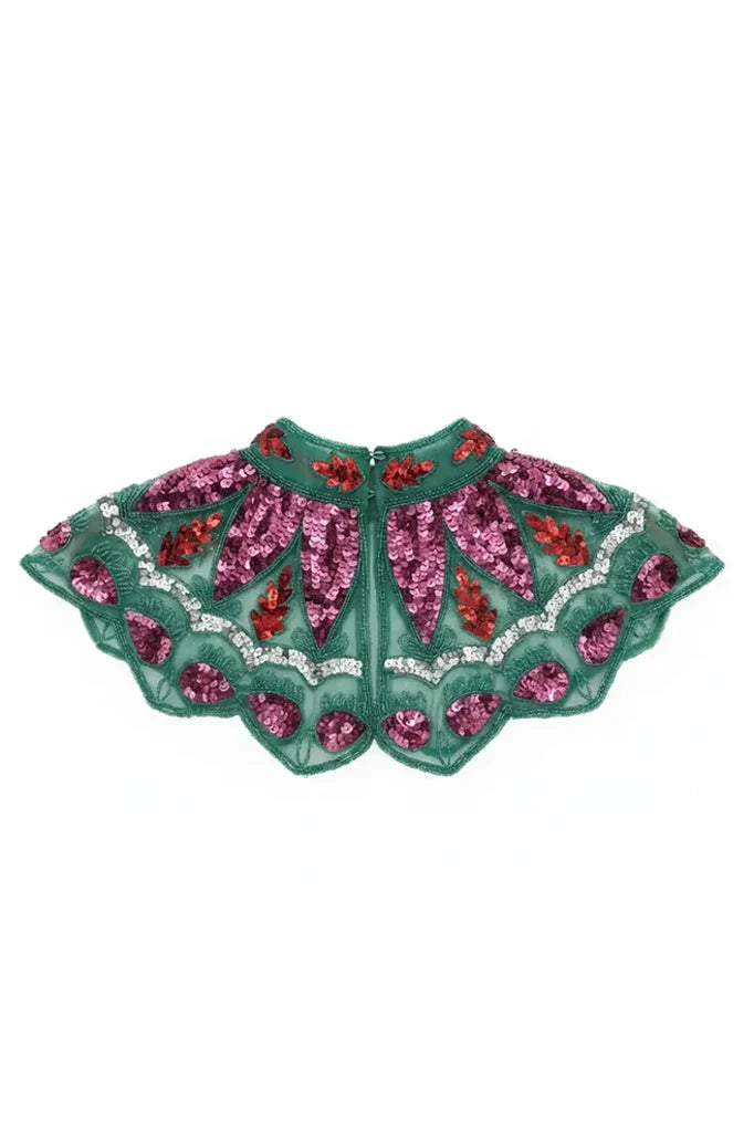 Cuello Joya Zardozi Verde, Fucsia y Rojo