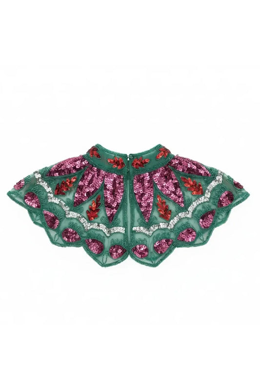 Cuello Joya Zardozi Verde, Fucsia y Rojo