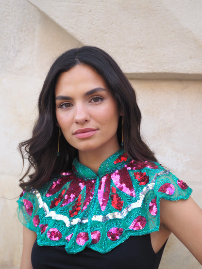 Zardozi Jewel Collar in Green, Fuchsia and Red