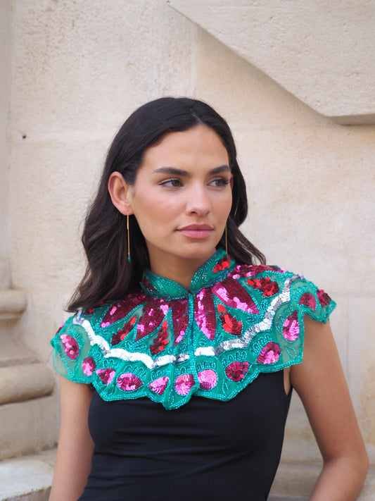Cuello Joya Zardozi Verde, Fucsia y Rojo