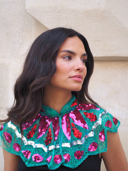 Zardozi Jewel Collar in Green, Fuchsia and Red