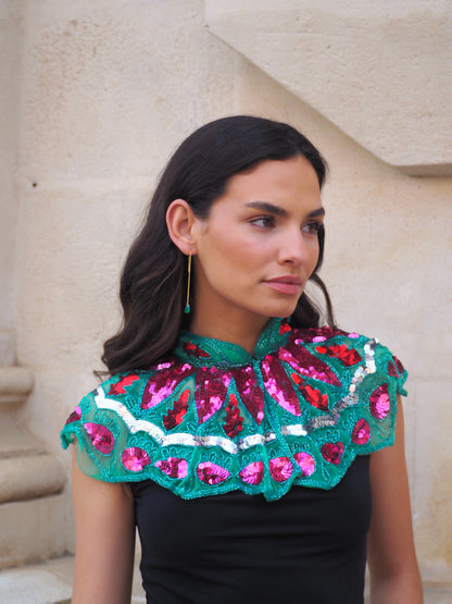 Zardozi Jewel Collar in Green, Fuchsia and Red