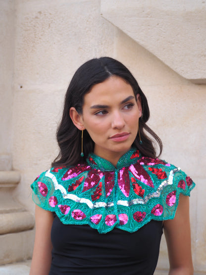 Zardozi Jewel Collar in Green, Fuchsia and Red