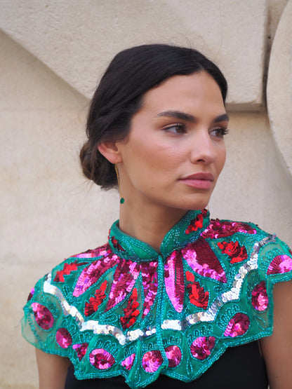 Zardozi Jewel Collar in Green, Fuchsia and Red