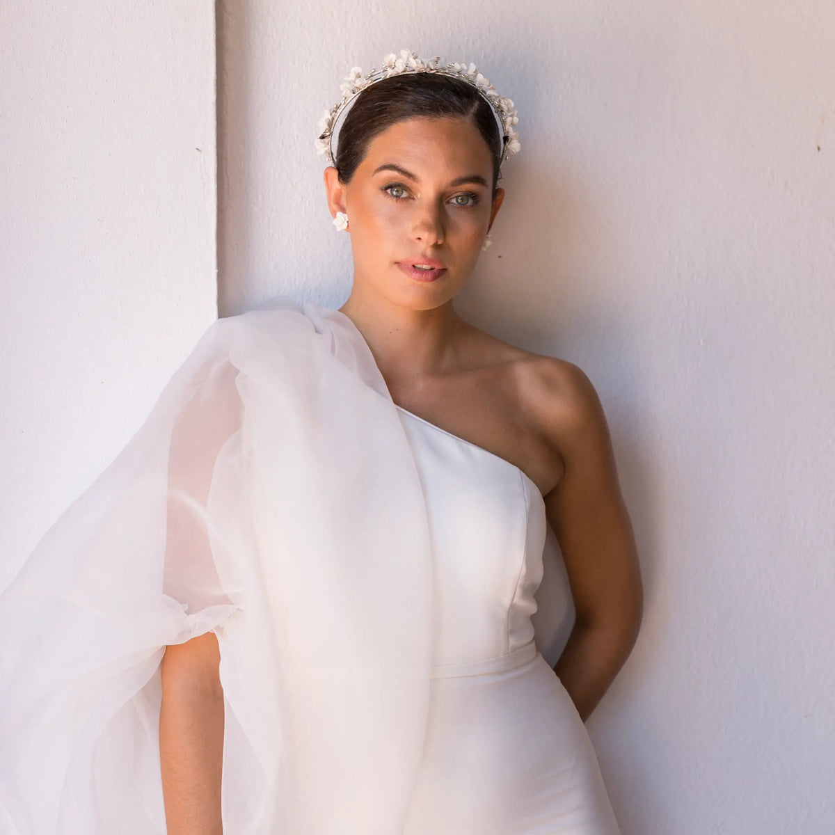 Diadema Noelia Plata Doble Flores Blanca