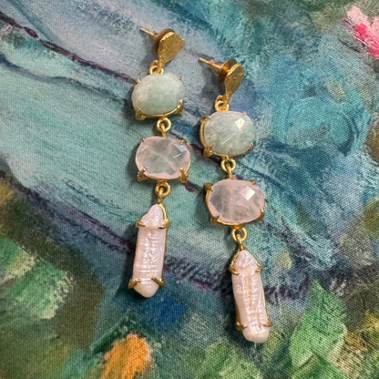 Neda Earrings Aqua Green Amazonite, Pink and Pearl