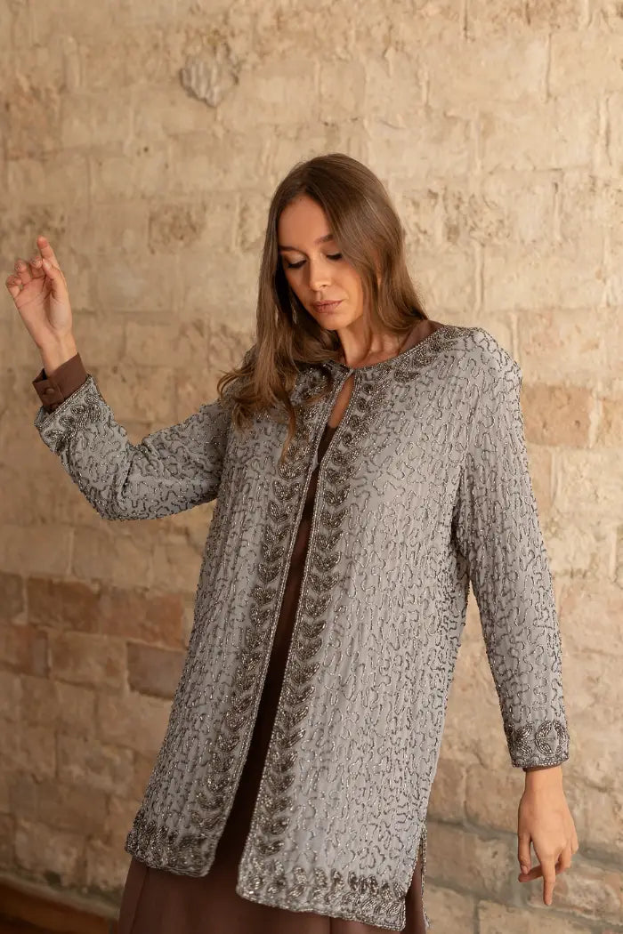 Kaftan Midi Joya Gris y Plateado