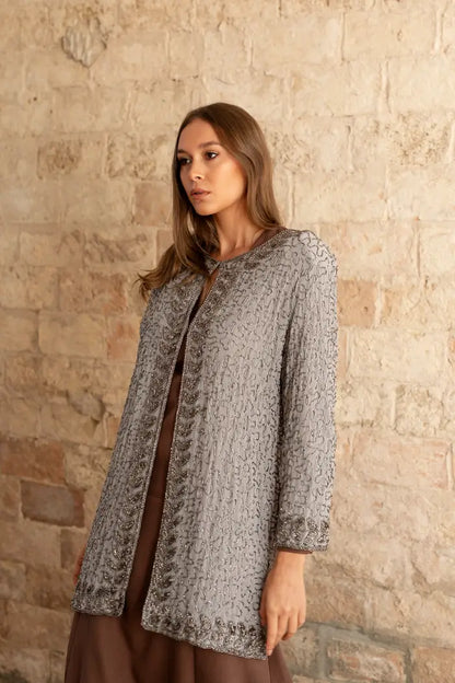 Kaftan Midi Joya Gris y Plateado