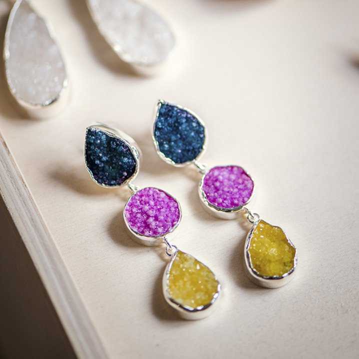 Pendientes Mademoiselle Plata Azul turquesa, Fucsia y Amarillo