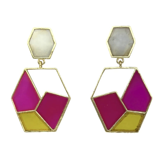 Pendientes Cubista Fucsia y Amarillo