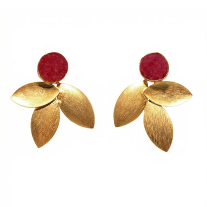 Linen Earrings with Burgundy and Pink Druzy