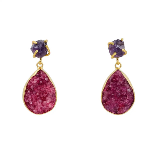 Pendientes Rubor Rough Morado y Drusa Fucsia