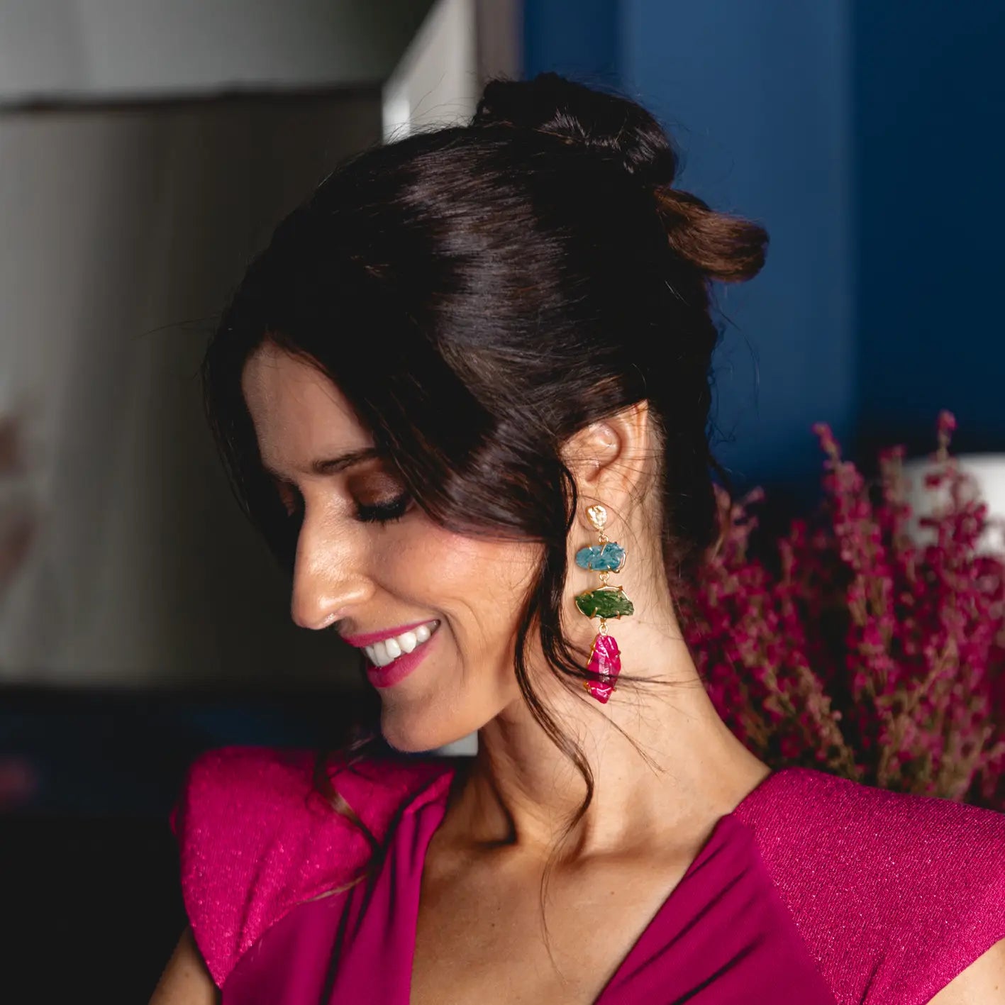 Pendientes Terral Rough Azul turquesa, Verde y Fucsia