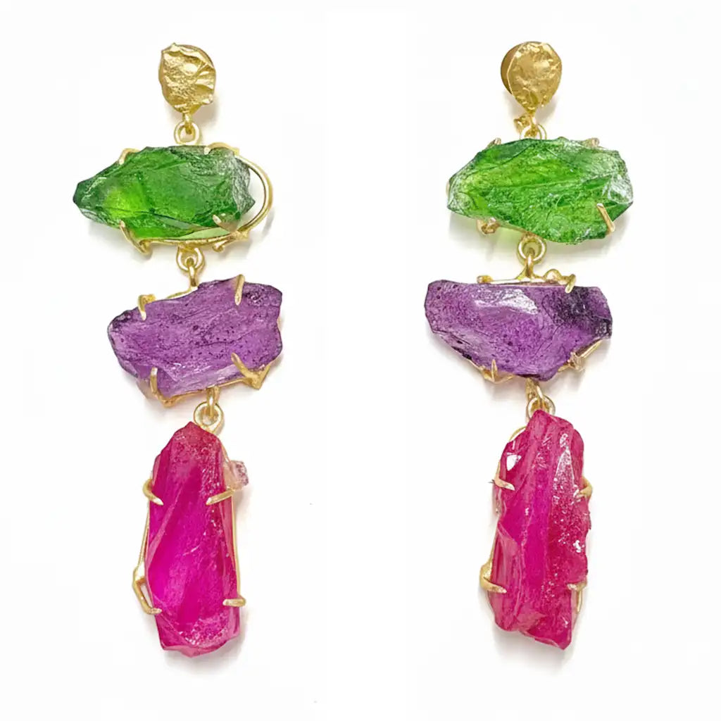 Pendientes Terral Rough Verde, Morado y Fucsia