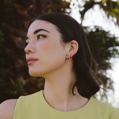 Pendientes Zinia Blanco, Verde agua y Fucsia