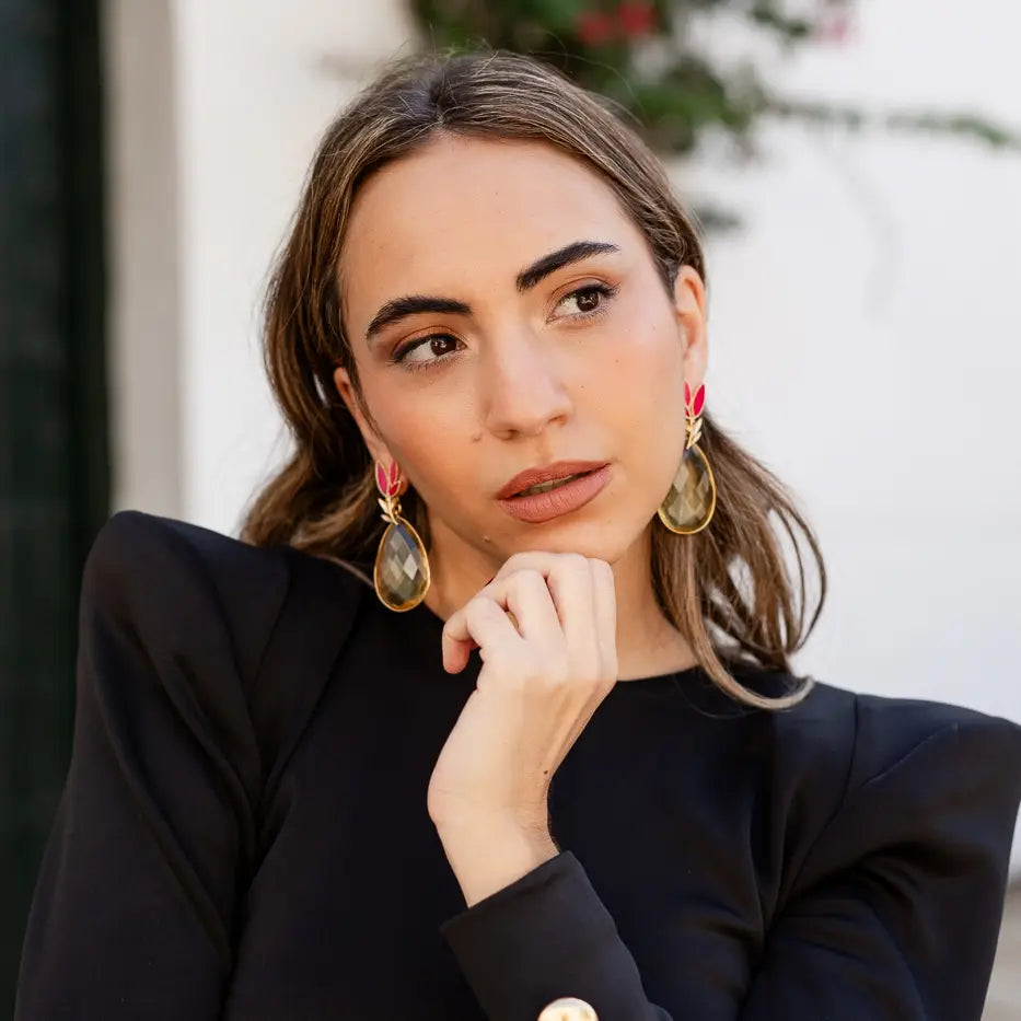 Set Matrix Pendientes Leaves y Elix XL Fucsia y Amarillo